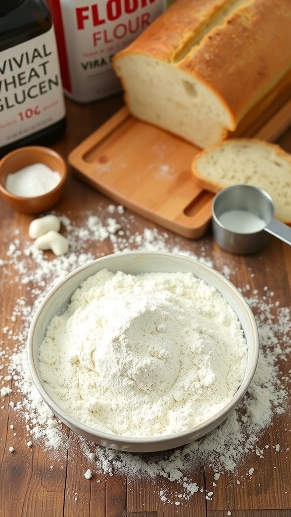 Homemade Bread Flour Recipe A bowl of homemade bread flour on a rustic table with a measuring cup and a loaf of bread in the background.